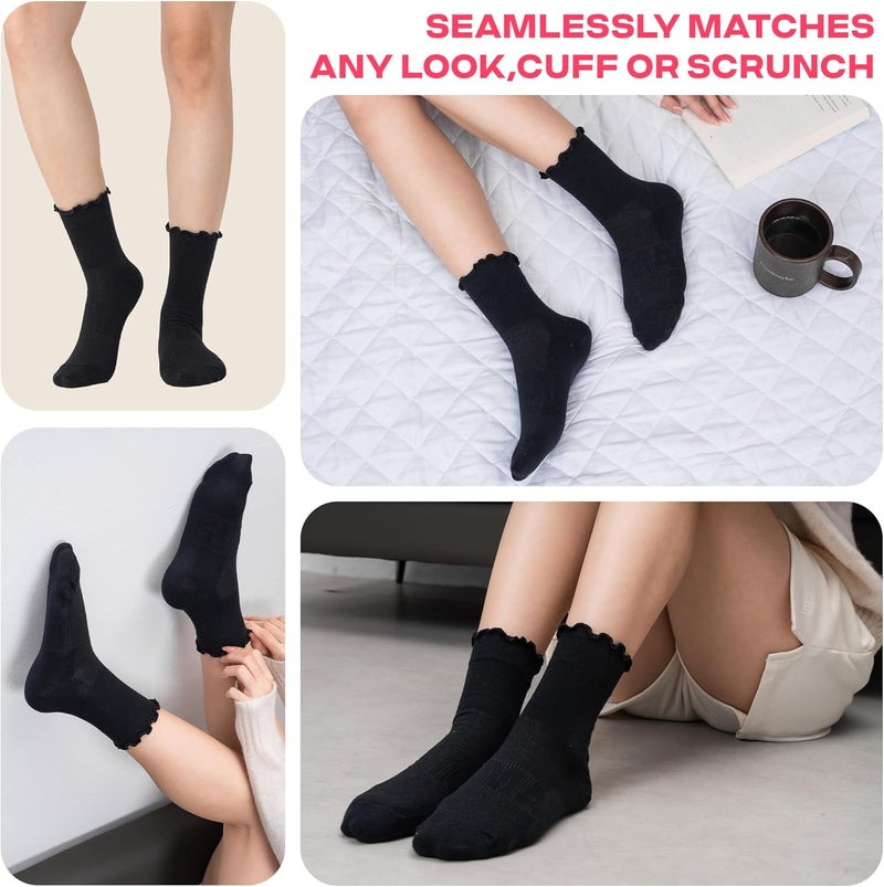 CoolMate Store 3 Pairs Womens Ruffle Socks, Cute Cotton Blend Crew Socks, Turn-Cuff Frilly Ankle Socks for Women - Image 5